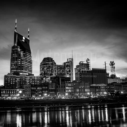 Matte Black MDF Framed Black and White Nashville Photograph: The Nashville Skyline Reflecting in the Cumberland River in a Square Matte Black MDF Frame