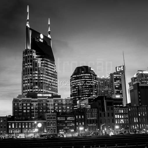 Matte Black MDF Framed Black and White Nashville Photograph: The Nashville Skyline Featuring the Bellsouth Building in a Square Matte Black MDF Frame