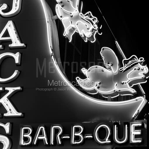 Matte Black MDF Framed Black and White Nashville Photograph: Flying Pigs on Jacks Bar-B-Que Neon Sign in a Square Matte Black MDF Frame