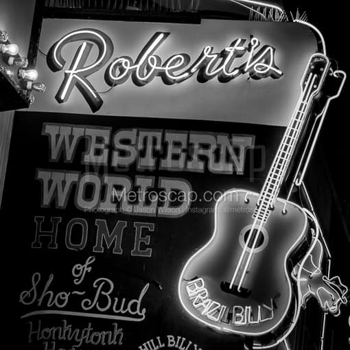 Matte Black MDF Framed Black and White Nashville Photograph: The Neon Sign for Roberts Western World in a Square Matte Black MDF Frame