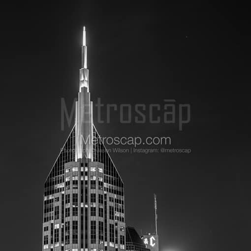 Matte Black MDF Framed Black and White Nashville Photograph: A Side View of the Bellsouth Building from Shelby Ave in a Square Matte Black MDF Frame