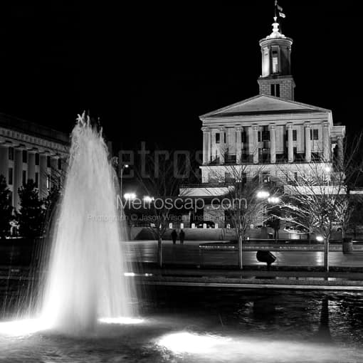 Matte Black MDF Framed Black and White Nashville Photograph: The Tennessee State Capitol and Victory Park in a Square Matte Black MDF Frame