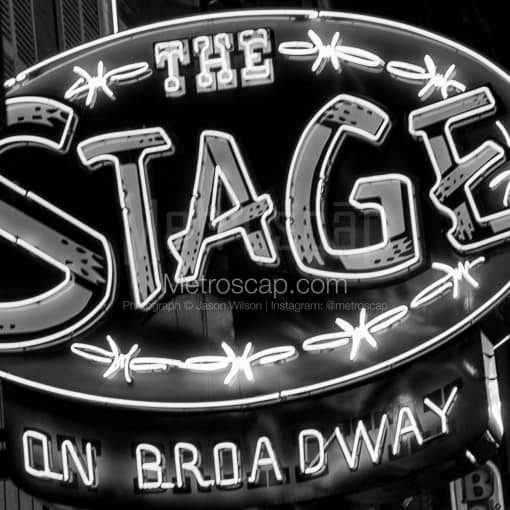 Matte Black MDF Framed Black and White Nashville Photograph: The Neon Sign of The Stage on Broadway in a Square Matte Black MDF Frame