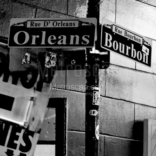 Matte Black MDF Framed Black and White New Orleans Photograph: Bourbon Street and Orleans Street Signs in a Square Matte Black MDF Frame