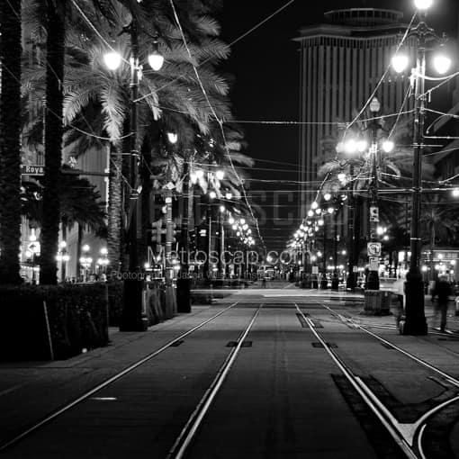 Matte Black MDF Framed Black and White New Orleans Photograph: Canal and Royal Street from the Streetcar Tracks in a Square Matte Black MDF Frame
