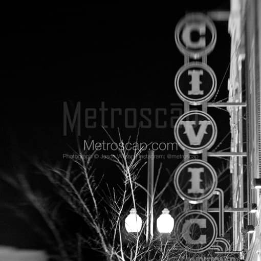 Matte Black MDF Framed Black and White New Orleans Photograph: Civic Theater Sign in a Square Matte Black MDF Frame