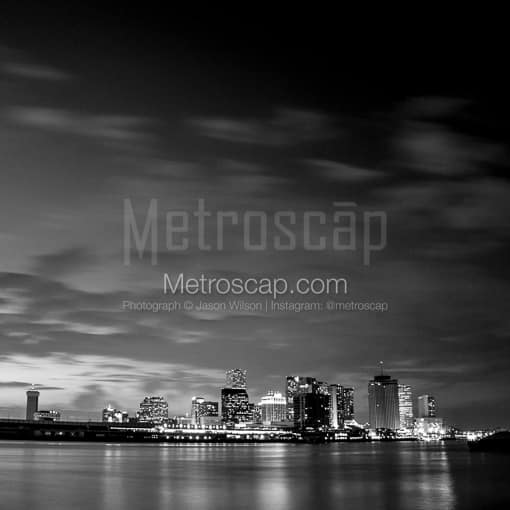 Matte Black MDF Framed Black and White New Orleans Photograph: New Orleans from the Banks of the Mississippi in a Square Matte Black MDF Frame