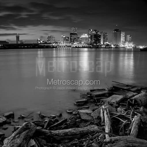 Matte Black MDF Framed Black and White New Orleans Photograph: The New Orleans Skyline from the Westbank in a Square Matte Black MDF Frame