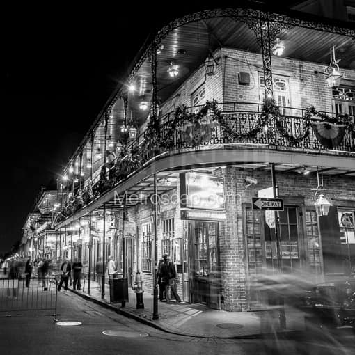 Matte Black MDF Framed Black and White New Orleans Photograph: Embers on Bourbon Street in a Square Matte Black MDF Frame