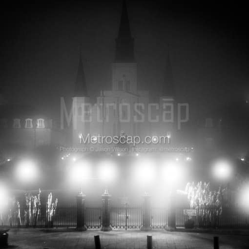 Matte Black MDF Framed Black and White New Orleans Photograph: A Foggy Jackson Square at Night in a Square Matte Black MDF Frame