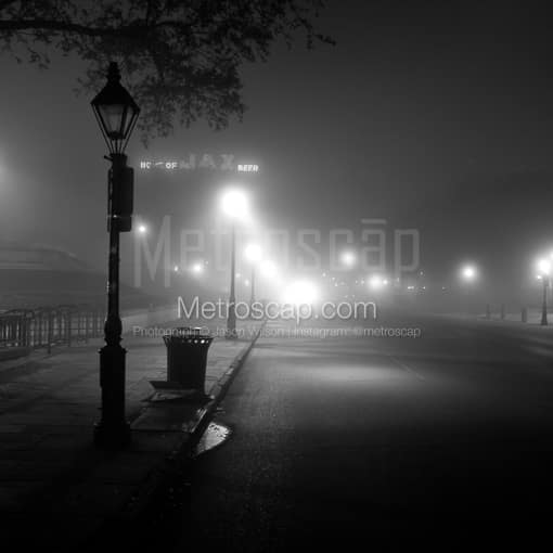 Matte Black MDF Framed Black and White New Orleans Photograph: Decatur Street and Jax Brewery in Fog in a Square Matte Black MDF Frame
