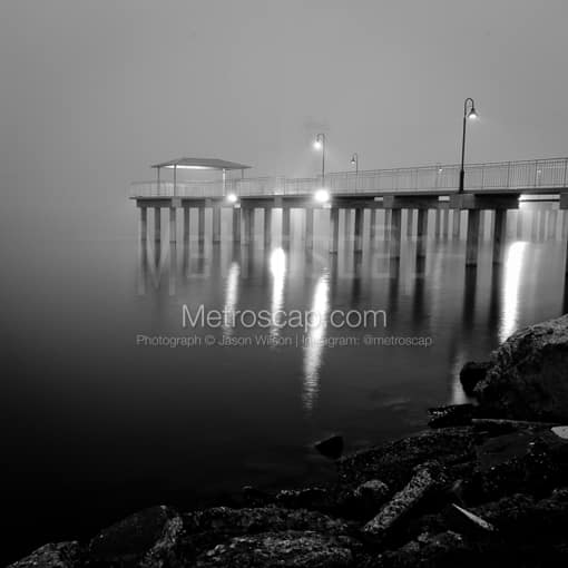 Matte Black MDF Framed Black and White New Orleans Photograph: A Lake Ponchartrain Foggy Sunrise in a Square Matte Black MDF Frame