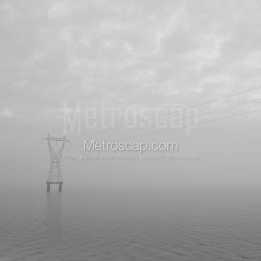 Matte Black MDF Framed Black and White New Orleans Photograph: High Voltage Wires Cross Lake Ponchartrain in a Square Matte Black MDF Frame