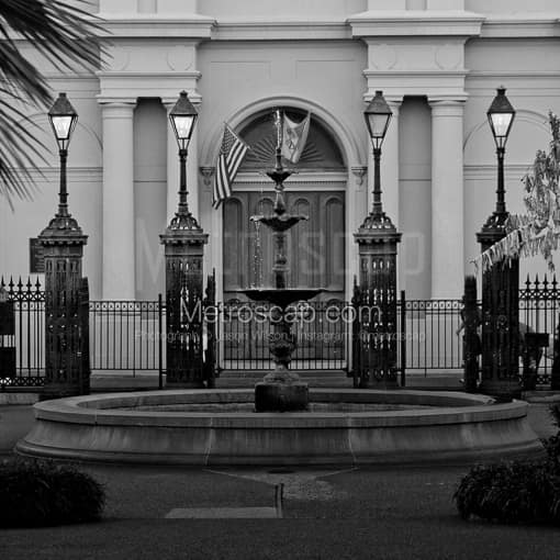 Matte Black MDF Framed Black and White New Orleans Photograph: Jackson Square Street Lamps in a Square Matte Black MDF Frame