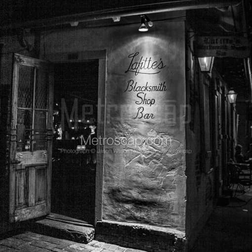 Matte Black MDF Framed Black and White New Orleans Photograph: Lafitte's Blacksmith Shop Bar in a Square Matte Black MDF Frame