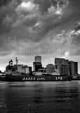 New Orleans Skyline Mississippi River Barge Black and White Vertical New Orleans Skyline Mississippi River Barge black and white
