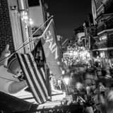 Saints Flag Above Bourbon Street Black and White Square Saints Flag Above Bourbon Street black and white
