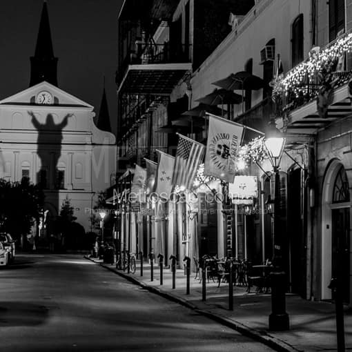 Matte Black MDF Framed Black and White New Orleans Photograph: A Silhouette of Christ on St Louis Cathedral in a Square Matte Black MDF Frame