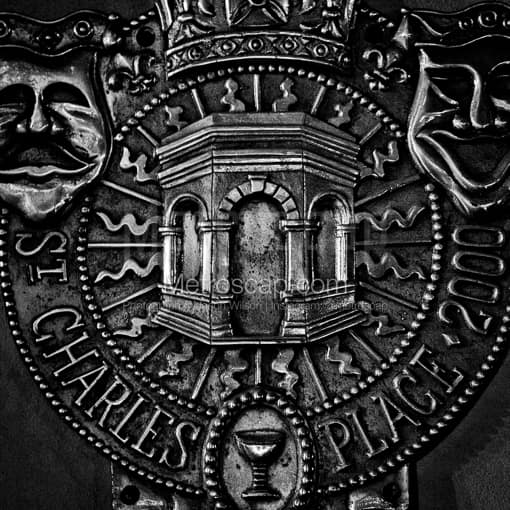 Matte Black MDF Framed Black and White New Orleans Photograph: St. Charles Place Relief Seal in a Square Matte Black MDF Frame
