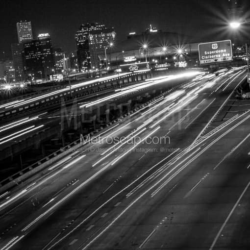 Matte Black MDF Framed Black and White New Orleans Photograph: The Superdome and US-90 at I-10 in a Square Matte Black MDF Frame