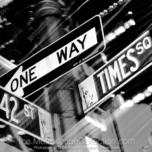 Matte Black MDF Framed Black and White New York City Photograph: 42nd Street and TImes Square in a Square Matte Black MDF Frame