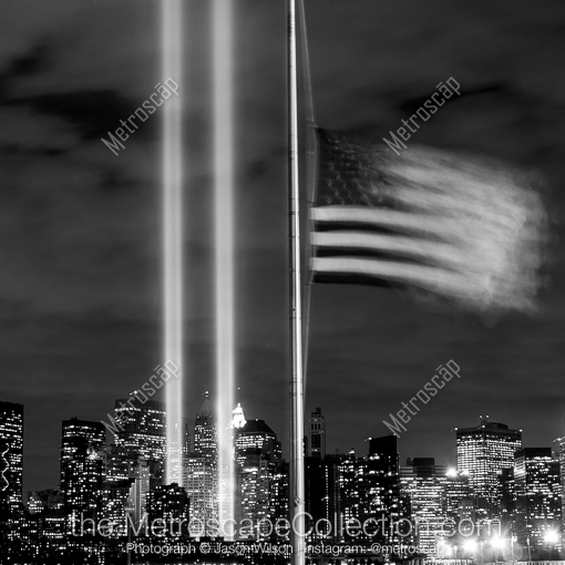 Matte Black MDF Framed Black and White New York City Photograph: The American Flag Flies at Half Mast in Liberty Park on September 11 in a Square Matte Black MDF Frame