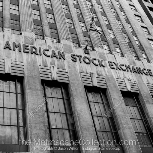 Matte Black MDF Framed Black and White New York City Photograph: The American Stock Exchange Building in a Square Matte Black MDF Frame