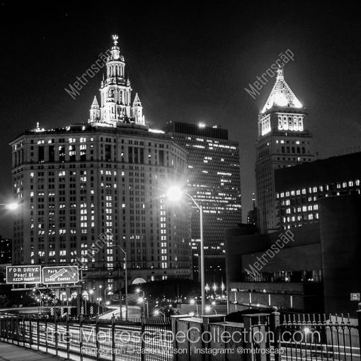 Matte Black MDF Framed Black and White New York City Photograph: Traffic from the Brooklyn Bridge Pours into Manhattan in a Square Matte Black MDF Frame