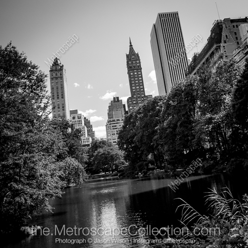 Matte Black MDF Framed Black and White New York City Photograph: The Central Park Pond in a Square Matte Black MDF Frame