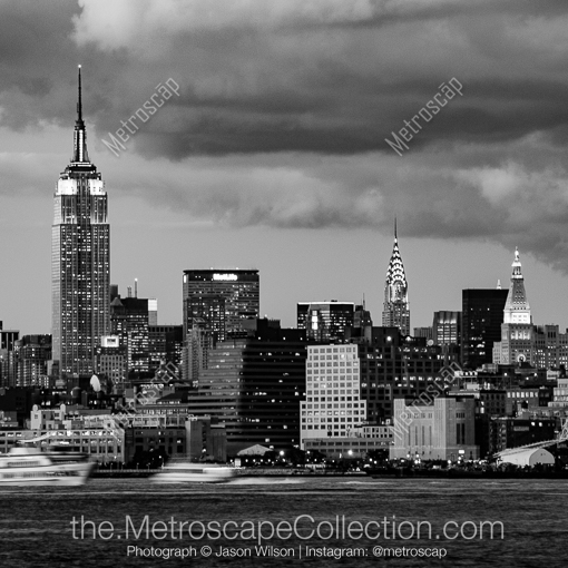 Matte Black MDF Framed Black and White New York City Photograph: The Midtown Manhattan Skyline at Dusk in a Square Matte Black MDF Frame