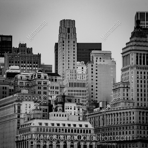 Matte Black MDF Framed Black and White New York City Photograph: Older Buildings in the Manhattan Financial District in a Square Matte Black MDF Frame