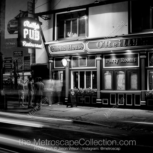 Matte Black MDF Framed Black and White New York City Photograph: ORellys Pub and Restaurant on 31st in a Square Matte Black MDF Frame