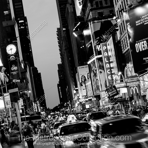 Matte Black MDF Framed Black and White New York City Photograph: Taxi Cabs Clog Times Square in New York City in a Square Matte Black MDF Frame