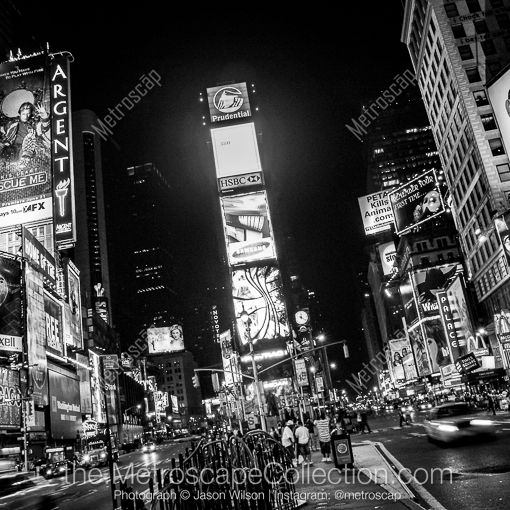Matte Black MDF Framed Black and White New York City Photograph: The Times Square Cityscape at Night in a Square Matte Black MDF Frame