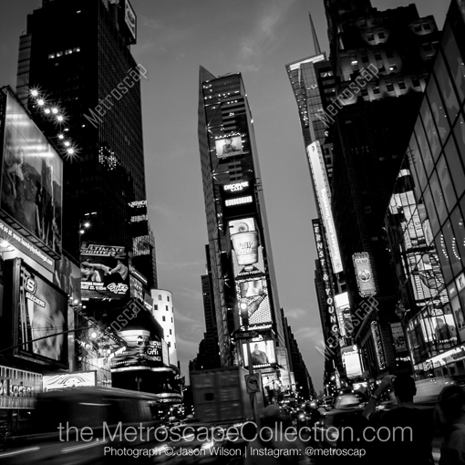 Matte Black MDF Framed Black and White New York City Photograph: The Times Square Cityscape at Dusk in a Square Matte Black MDF Frame