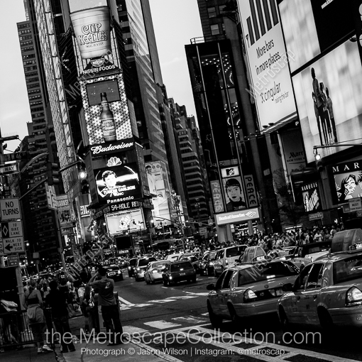 Matte Black MDF Framed Black and White New York City Photograph: Traffic Jams in Times Square at Rush Hour in a Square Matte Black MDF Frame