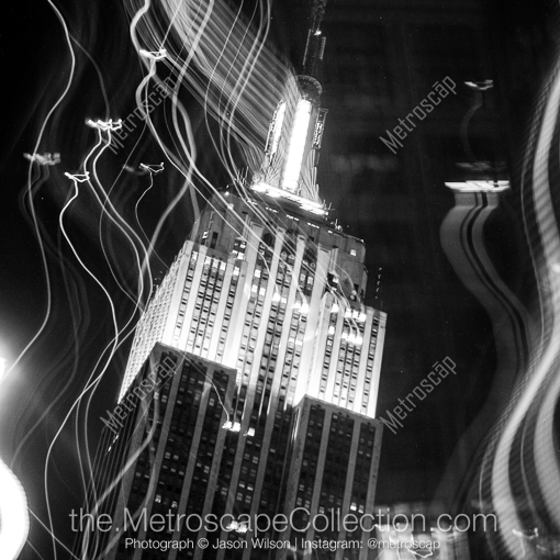 Matte Black MDF Framed Black and White New York City Photograph: The Top of the Empire State Building at Night in a Square Matte Black MDF Frame