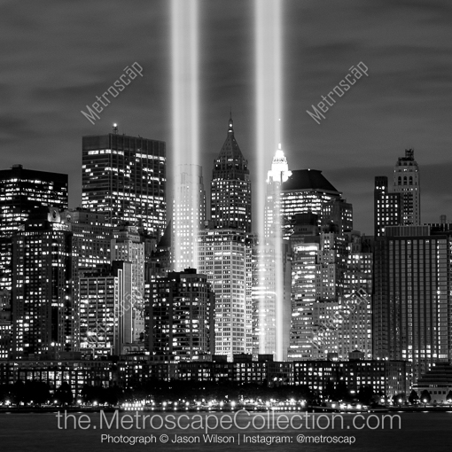 Matte Black MDF Framed Black and White New York City Photograph: The Light Beams from Lower Manhattan on the September 11 Anniversary in a Square Matte Black MDF Frame