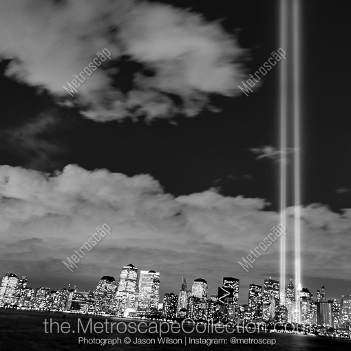 Matte Black MDF Framed Black and White New York City Photograph: The Lights from Ground Zero in New York City in a Square Matte Black MDF Frame