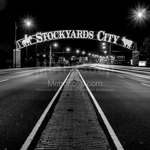 Matte Black MDF Framed Black and White Oklahoma City Photograph: Stockyards City at Night in a Square Matte Black MDF Frame