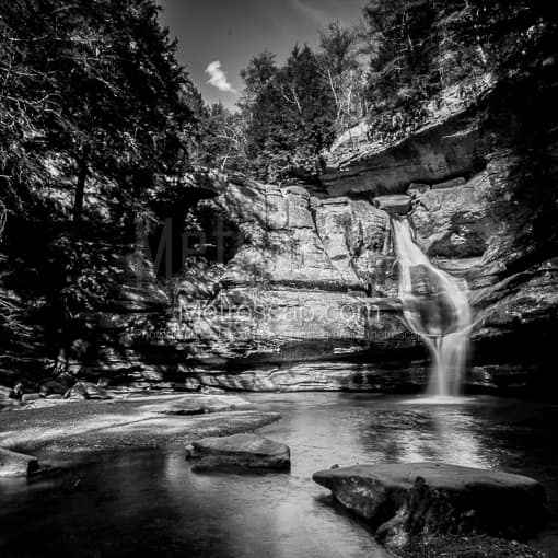Matte Black MDF Framed Black and White Old Mans Cave Photograph: Cedar Falls in Hocking State Forest in a Square Matte Black MDF Frame