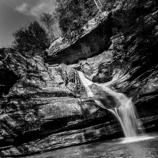 Matte Black MDF Framed Black and White Old Mans Cave Photograph: Cedar Falls near Old Man's Cave in a Square Matte Black MDF Frame