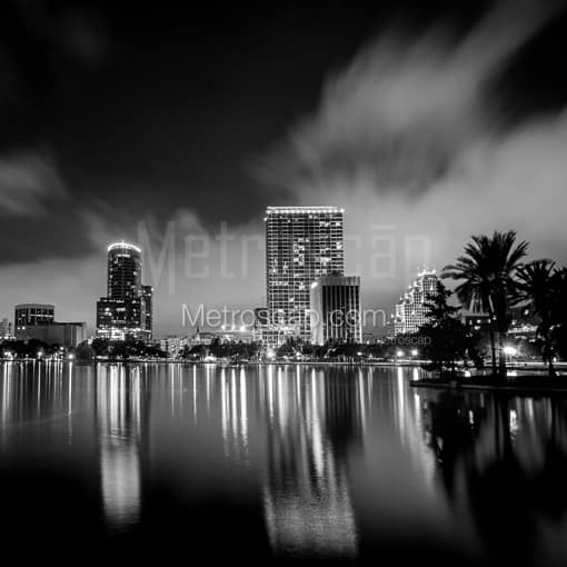 Matte Black MDF Framed Black and White Orlando Photograph: Downtown Orlando from Lake Eola in a Square Matte Black MDF Frame