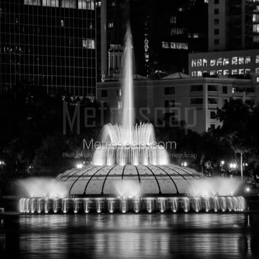 Matte Black MDF Framed Black and White Orlando Photograph: The Linton Allen Memorial Fountain in Lake Eola in a Square Matte Black MDF Frame