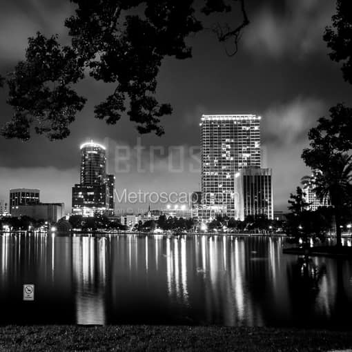 Matte Black MDF Framed Black and White Orlando Photograph: The Orlando Skyline at Night in a Square Matte Black MDF Frame