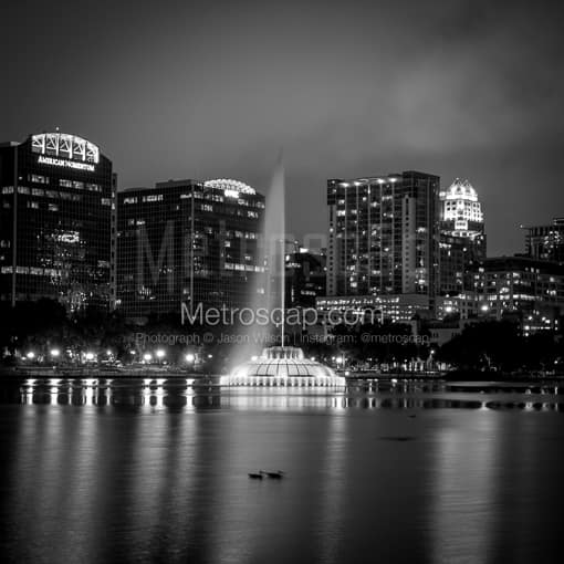 Matte Black MDF Framed Black and White Orlando Photograph: The Orlando Skyline in a Square Matte Black MDF Frame