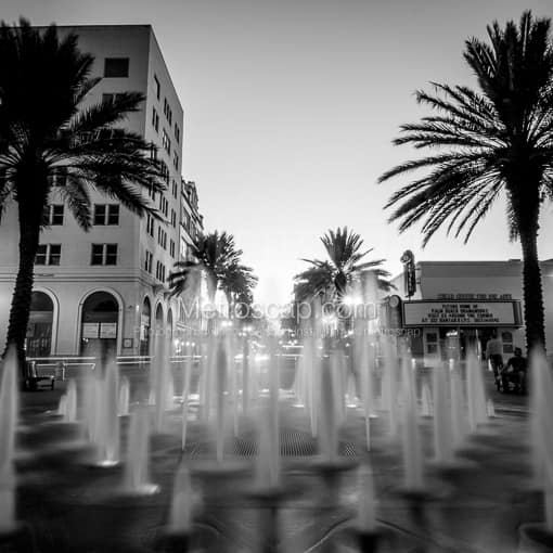 Matte Black MDF Framed Black and White Palm Beach Photograph: The Clematis Street Fountain at Dusk in a Square Matte Black MDF Frame
