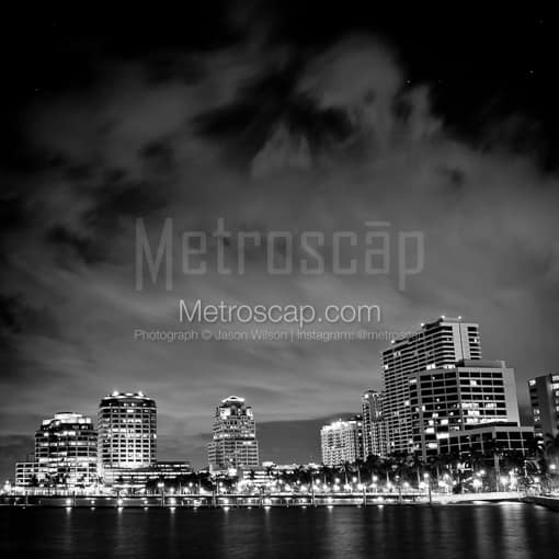 Matte Black MDF Framed Black and White Palm Beach Photograph: The Downtown West Palm Beach Skyline in a Square Matte Black MDF Frame