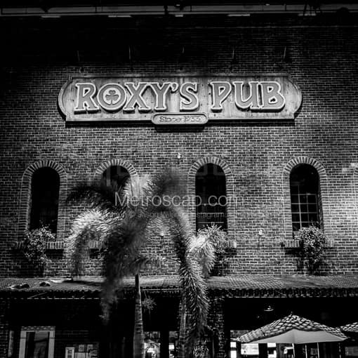 Matte Black MDF Framed Black and White Palm Beach Photograph: Roxys Pub on Clematis in a Square Matte Black MDF Frame