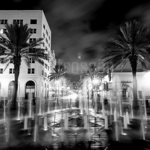 Matte Black MDF Framed Black and White Palm Beach Photograph: The Triangle Fountain on Clematis Street in West Palm in a Square Matte Black MDF Frame